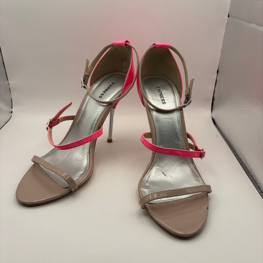 Express Neon Pink and Tan Colorblock Strappy Stiletto Sandals Size 7.5